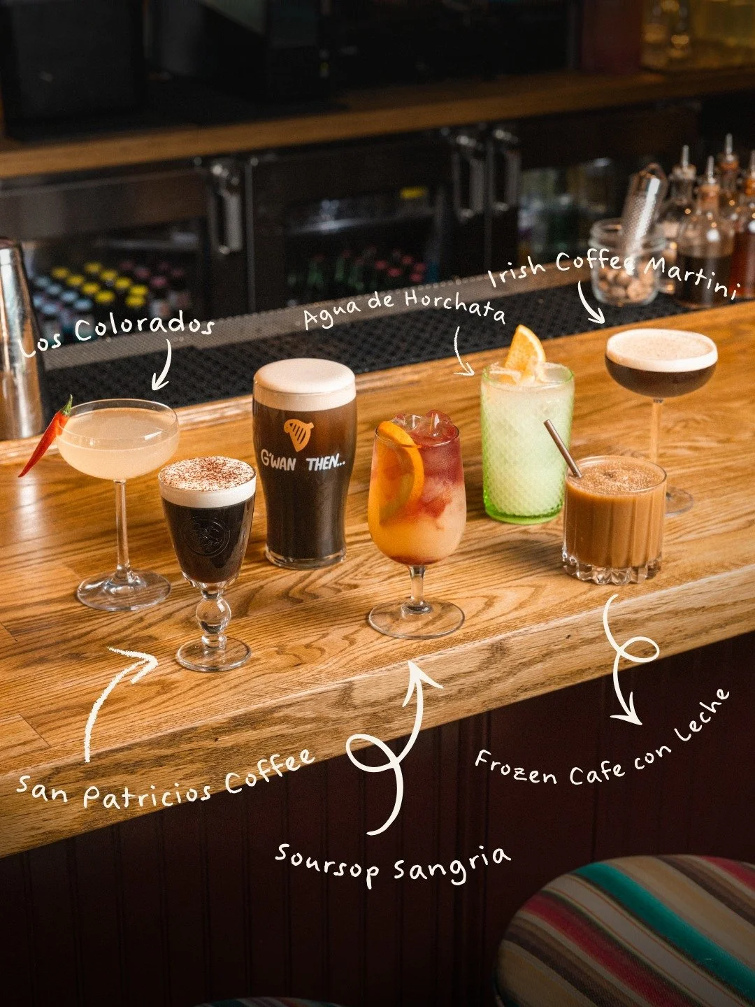Introducing our Paddy&rsquo;s not Patty&rsquo;s drinks, available March 14th - 17th.

Get caffeinated with our Frozen Cafe con Leche, an Irish Coffee Martini, the San Patricios Irish Coffee, plus bright serves like Los Colorados, Sirena Spritz, and a