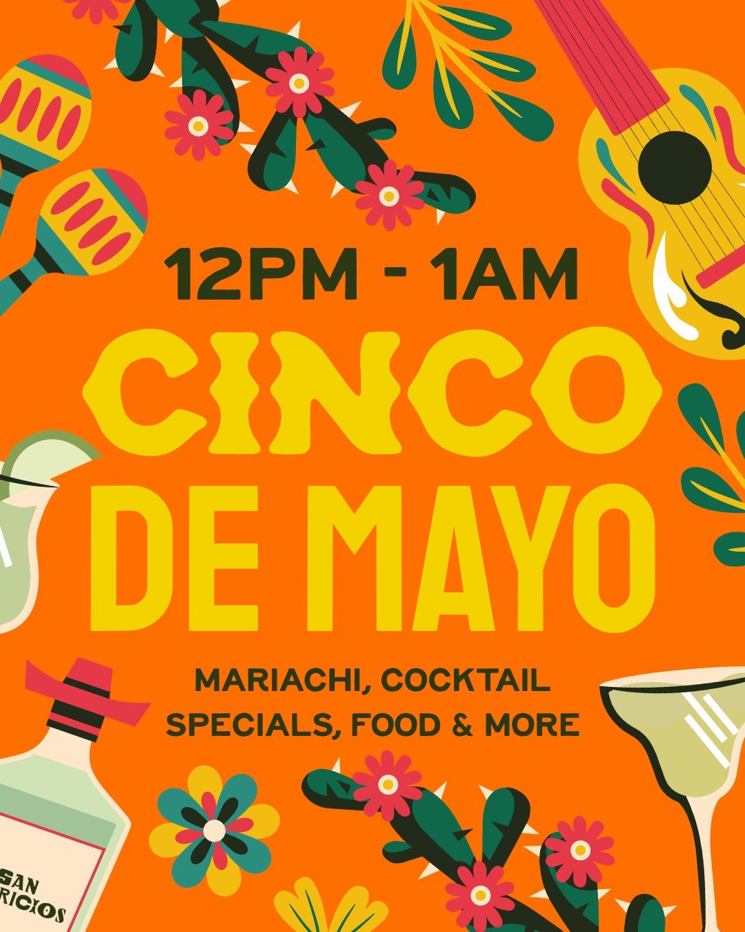 &iexcl;Feliz Cinco de Mayo!

Join us today from 12pm &lsquo;til 1am with food specials, limited-edition cocktails, and a fiesta from open &lsquo;til close. 

Performing live from 3.45pm - 4.45pm, Mariachi Sones de mi Tierra, translated as, &ldquo;mar