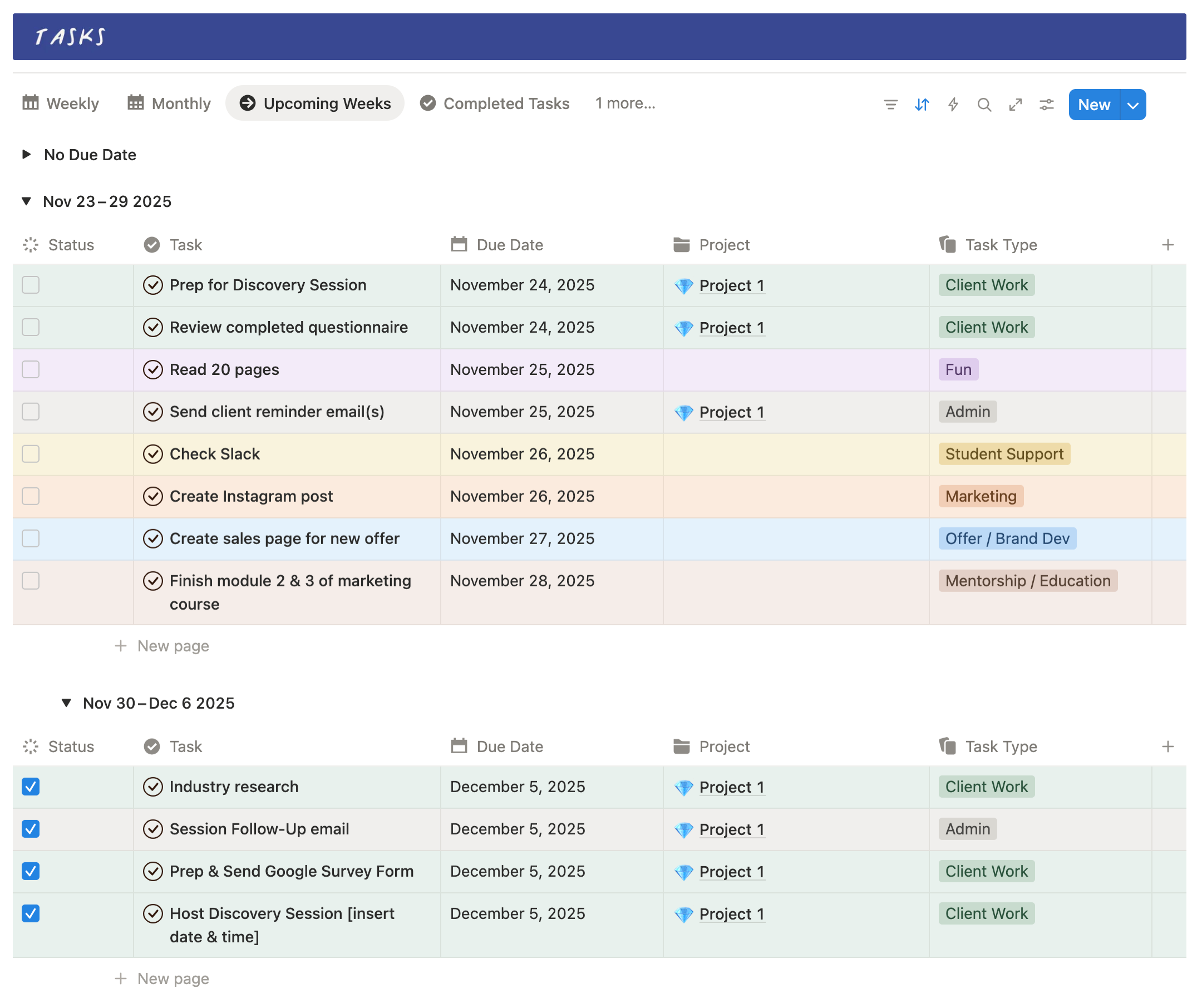 Kristina's upcoming week's tasks in Notion