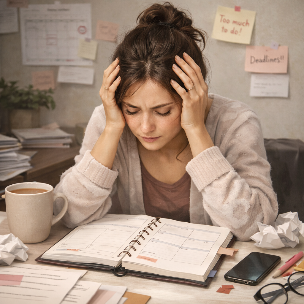 Overwhelmed girl in messy office environment