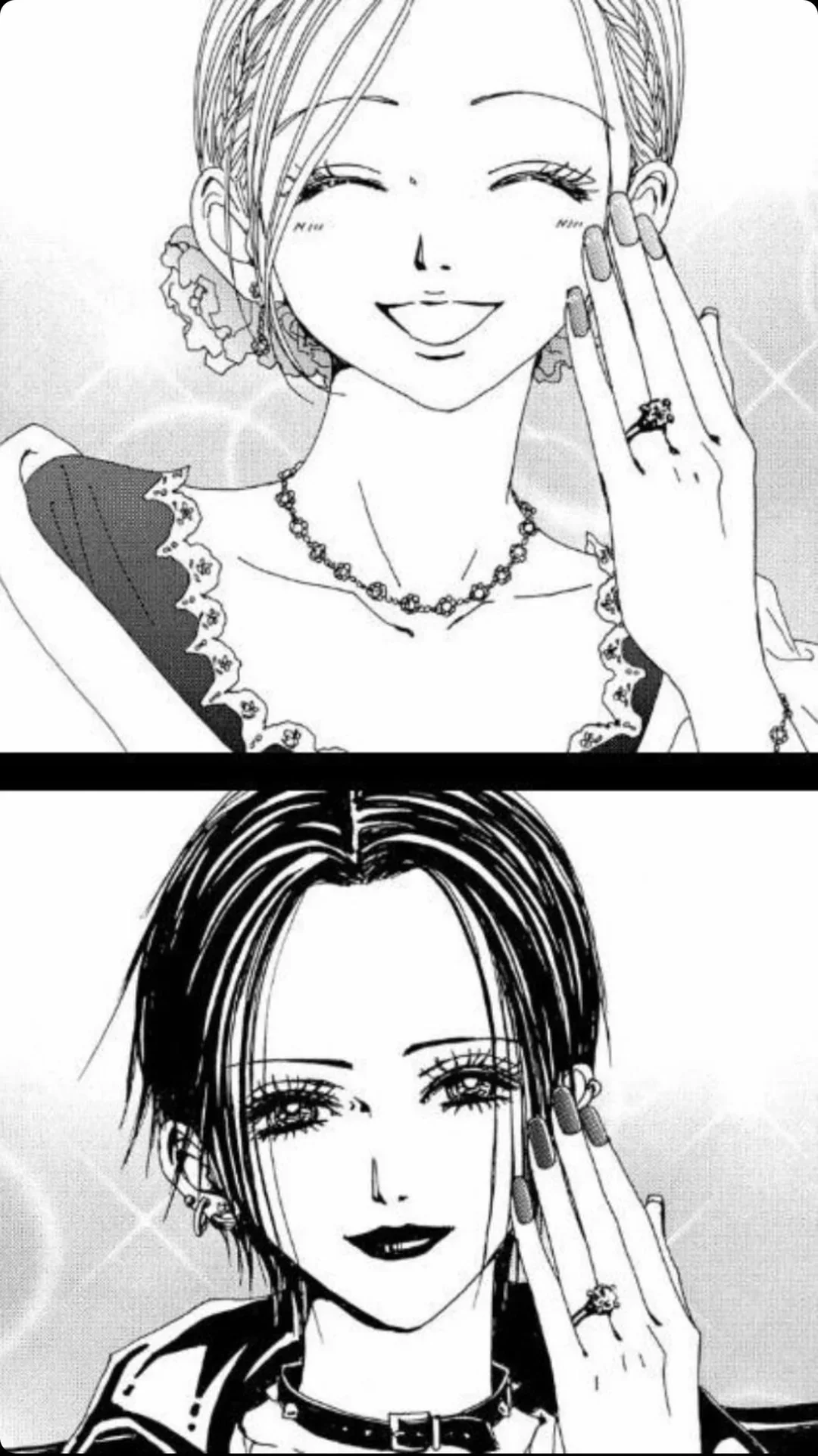 Image showing a vertical manga panel in black and white. Nana Komatsu is on the top panel, eyes closed, smiling, with her palm facing towards her. Nana Osaki is on the bottom panel, eyes open, smiling, and mirroring the pose. They show off a ring.