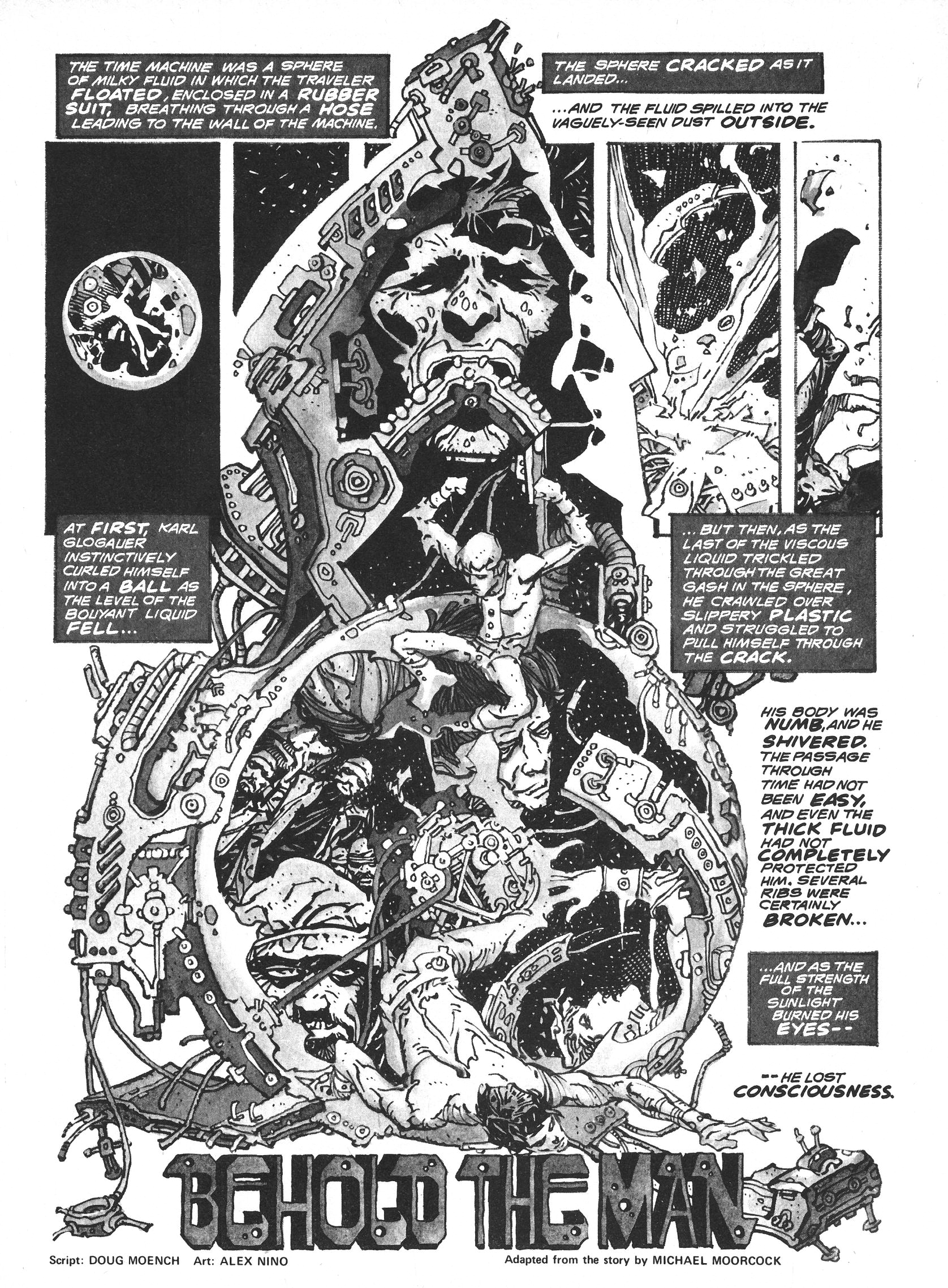 A black and white image of a Behold the Man promotion with black and white art and text,