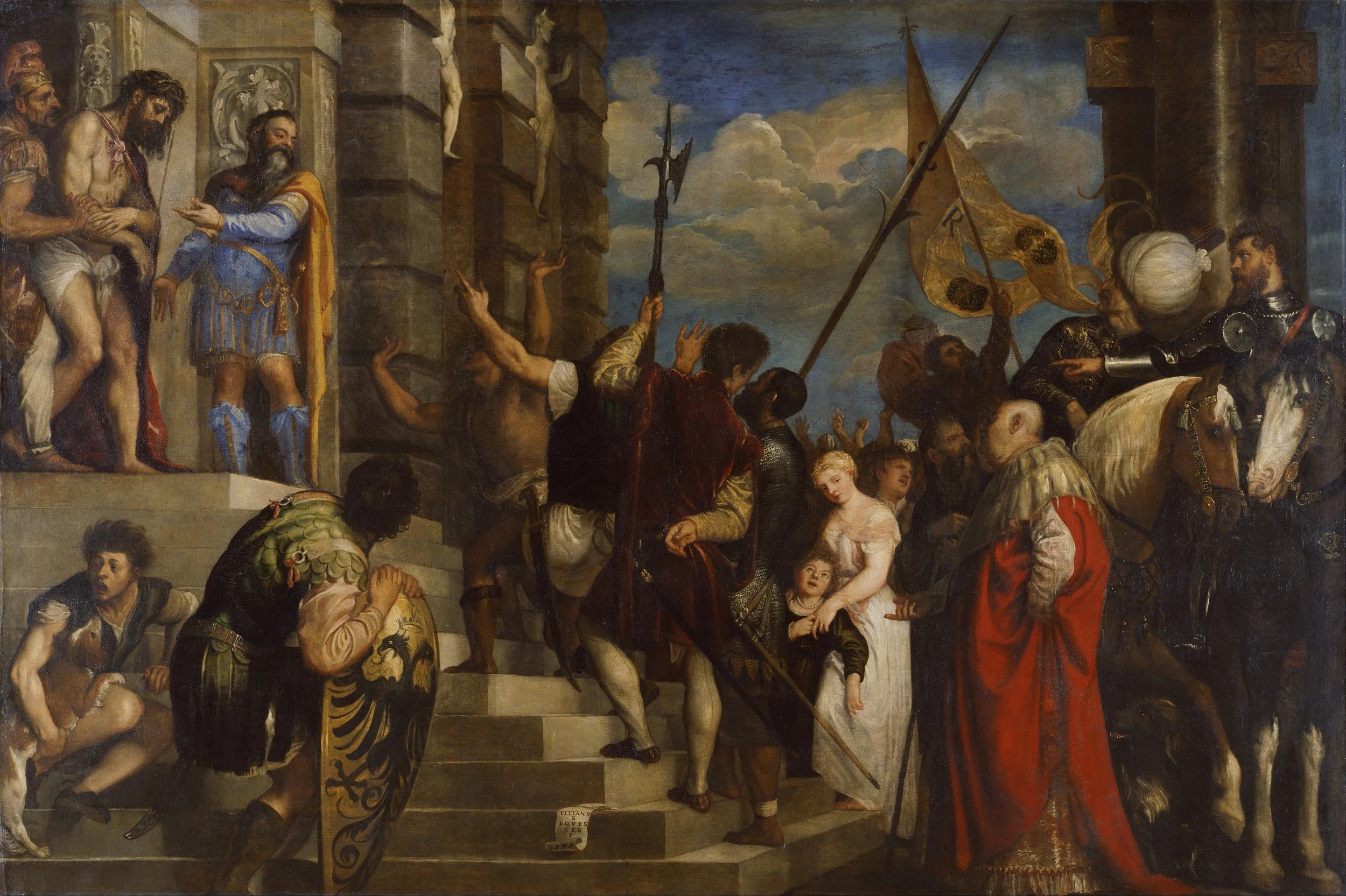 Artwork by artist Titian, depicting Jesus and a crowd beneath him as Pilate presents him with a crown of thorns.