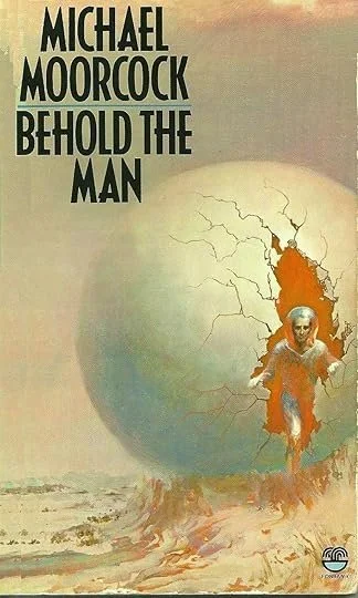 Cover art for Behold the Man featuring a minimal design. A desertish landscape stretches beyond and a crack in a sphere reveals a man in a glass dome and suit stepping out into the landscape. Emerging from this sphere, he stands.