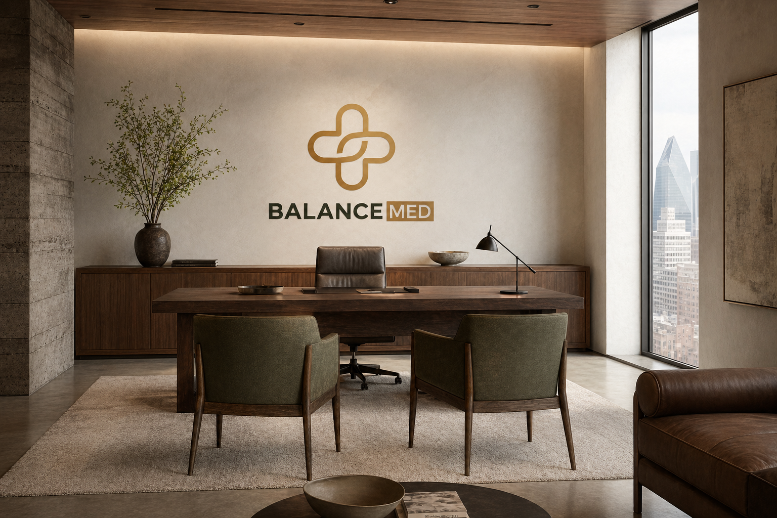 Modern office with wooden desk, green chairs, large window with city view, and a beige wall with a logo and the words "BALANCE MED".