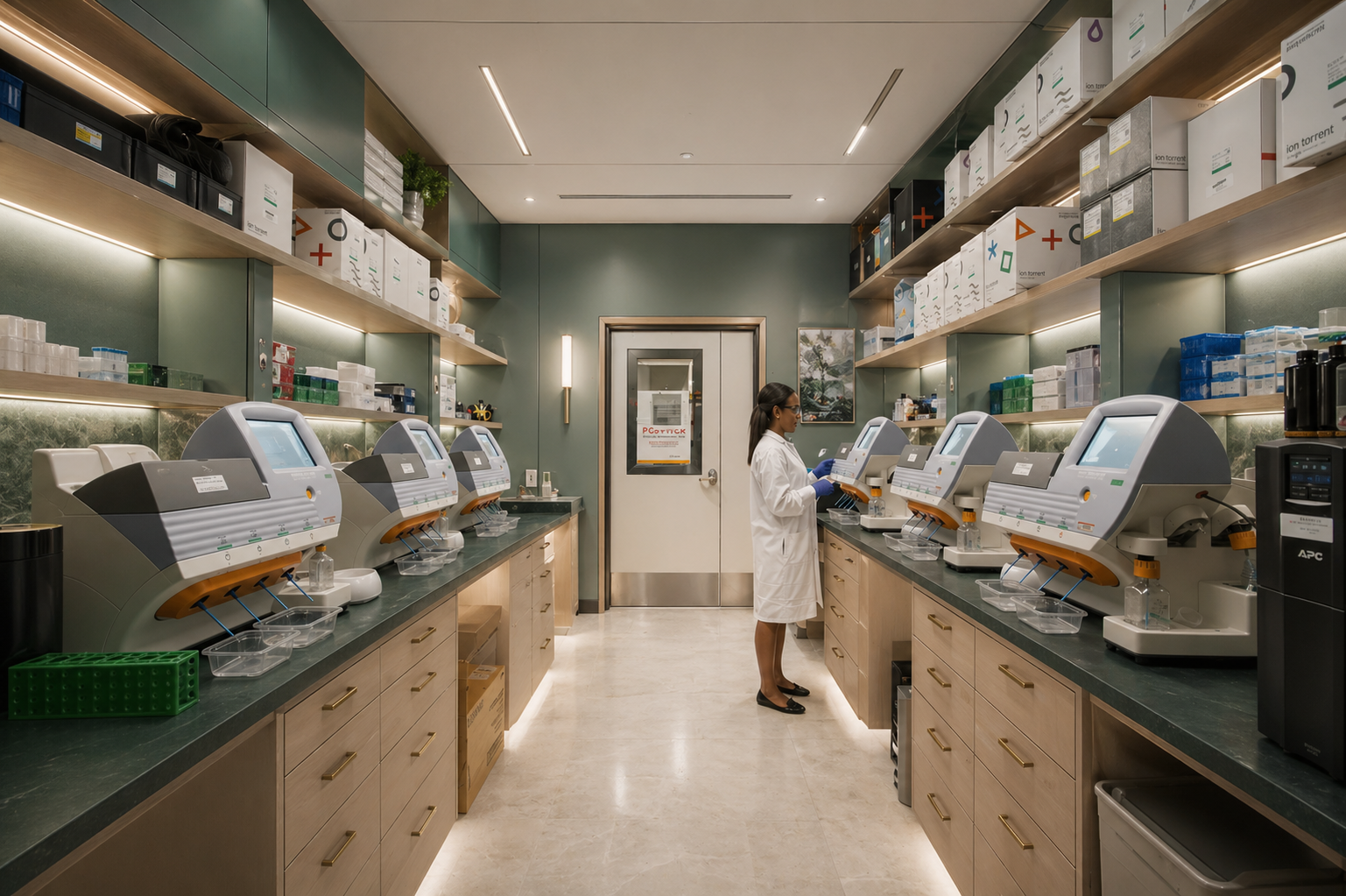 A scientist in a laboratory using a medical device, with shelves of box supplies behind her.