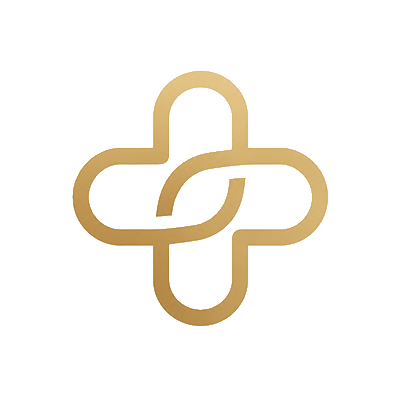 Gold and beige stylized abstract medical cross symbol representing Balance Med