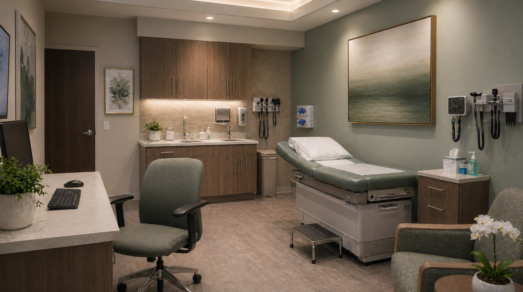 A modern medical examination room with a hospital bed, medical equipment, a desk with a computer and a chair, and decorative plants.