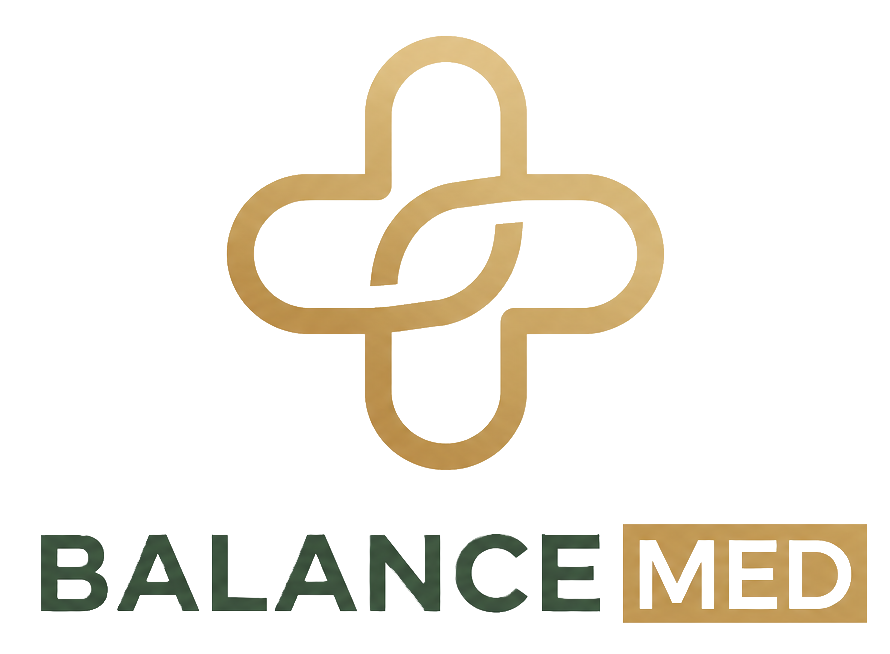 A gold medical cross symbol with a pin at the top, and the words 'BALANCE MED' in green and gold lettering underneath.