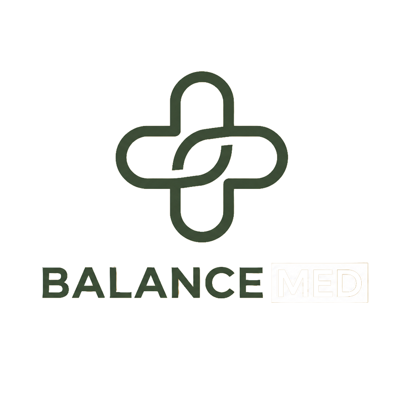 A logo featuring a green medical cross with a light blue and gold background, and the words 'BALANCE MED' underneath, with 'BALANCE' in dark green and 'MED' in white and gold.