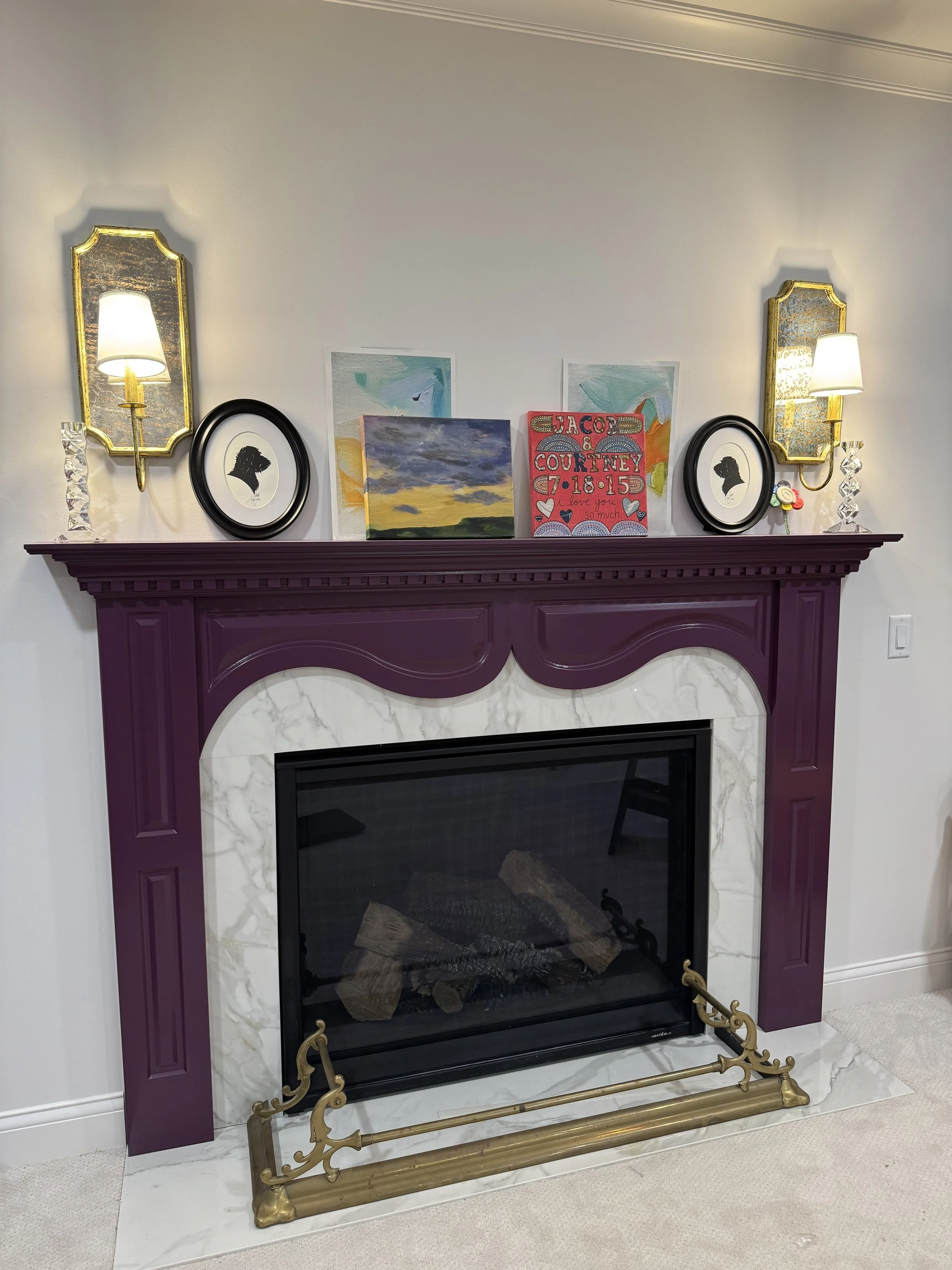 Purple fireplace mantle