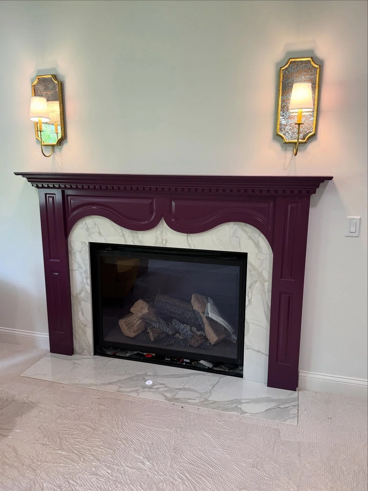 A purple fireplace mantle!
Custom designed to fit this fireplace…built with a combo of poplar, red oak, and mdf and painted with @sherwinwilliams gallery series in “mature grape”. The curved raised panels were fun to figure out!