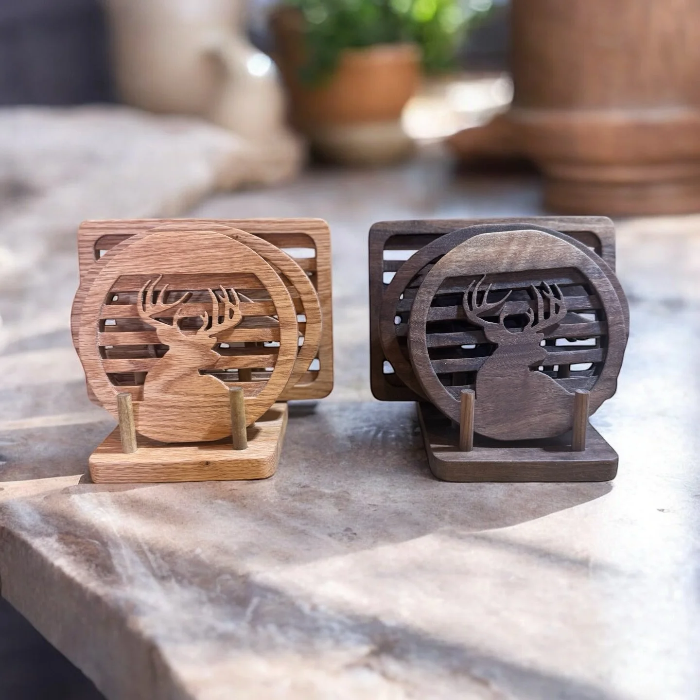 Whitetail deer, wild turkey, and black bear trivet set. One set in walnut, the other in red oak. 

#trivets #woodworking #walnut #redoak #wildlife