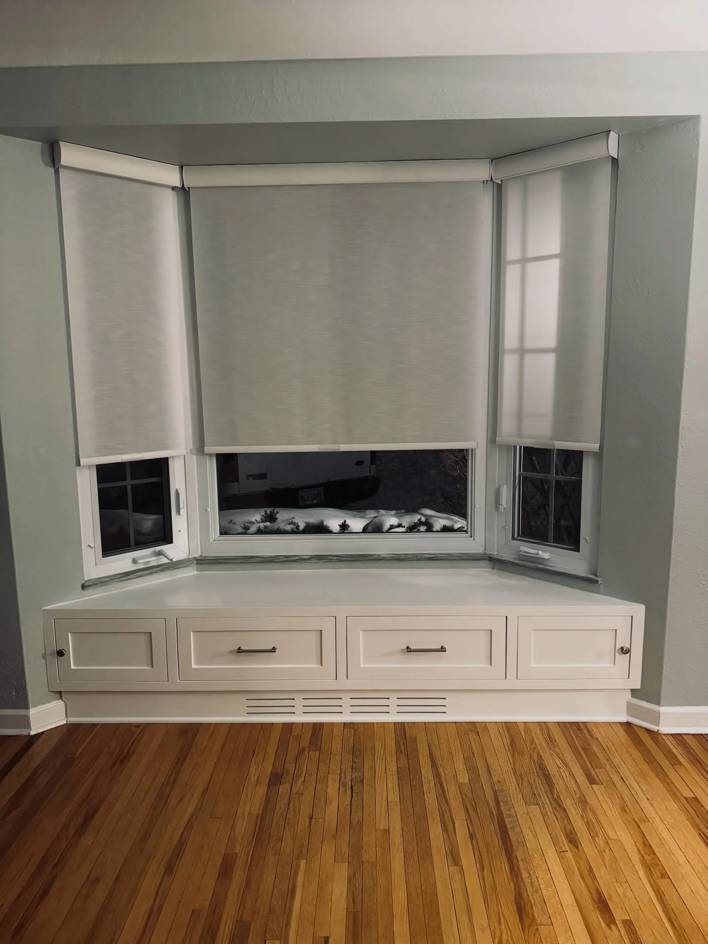 A bay window bench with a bit of storage&hellip;custom built to fit the tricky angled space. A cushion will eventually be added to the top to match the shape as well. 

#baywindowbench #custombuiltins #customcabinets #madewithkencraft #woodworking