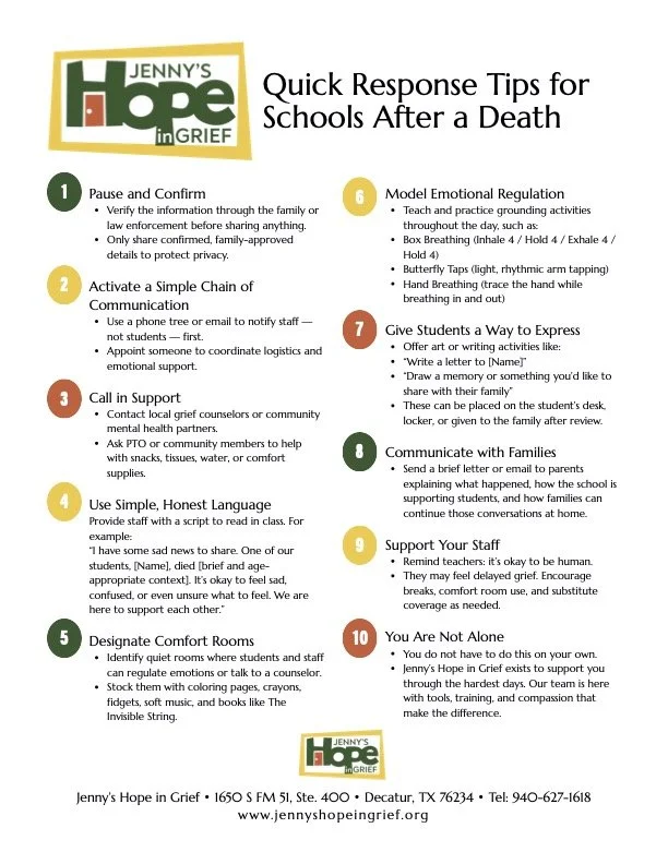 Checklist of quick response tips for schools after a death, including steps like pause and confirm, activate communication, call support, use simple language, designate comfort rooms, model emotional regulation, give students a way to express, communicate with families, support staff, and acknowledge students are not alone.