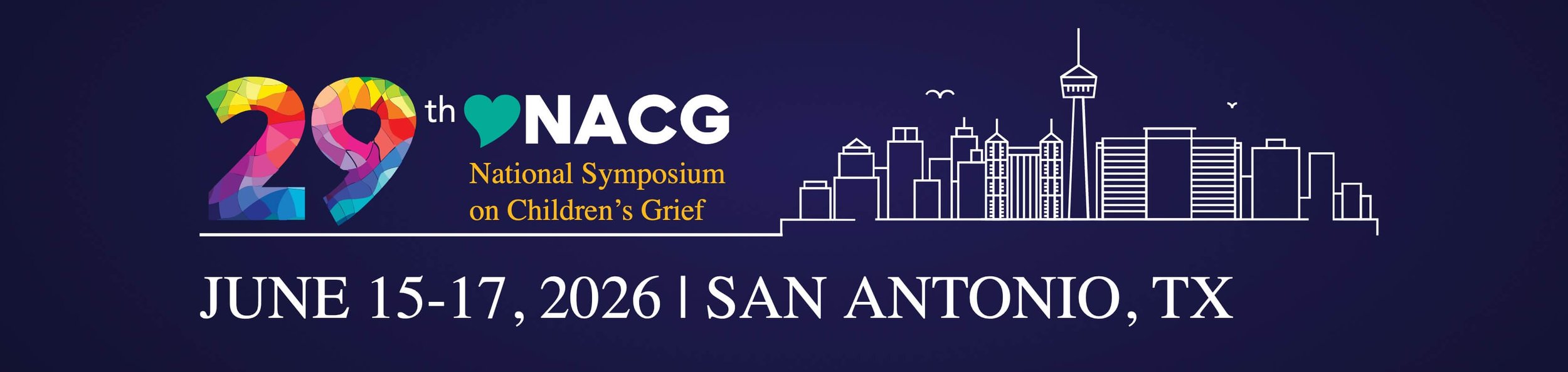 Logo for the 29th National Symposium on Children's Grief, held from June 15-17, 2026 in San Antonio, Texas. The logo features colorful, mosaic-style number 29 and a city skyline outline of San Antonio, including the Tower Life Building and other skyscrapers, with a dark blue background.