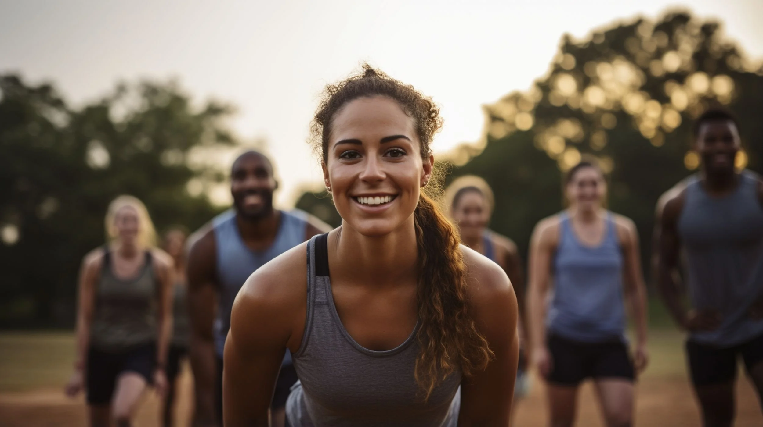 A woman dressed in workout gear looking to camera smiling with men and women in the background blurred out