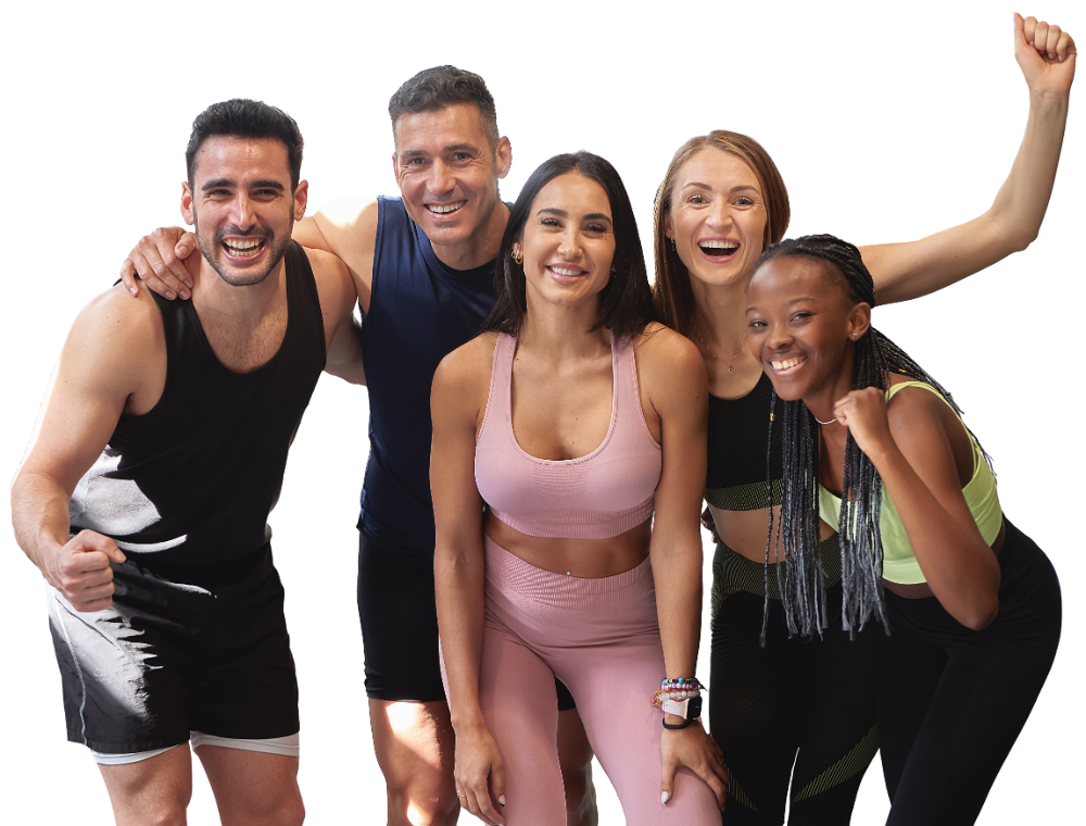 Group of five diverse smiling young adults in workout clothes celebrating together, with one person raising a fist.