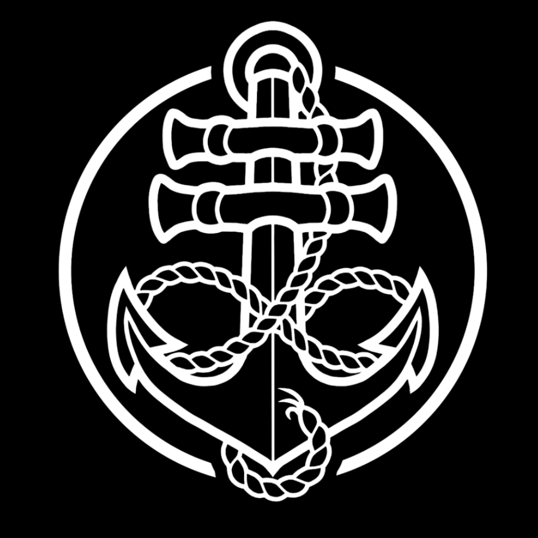 A black and white line drawing of an anchor with a rope wrapped around it, enclosed within a circle.