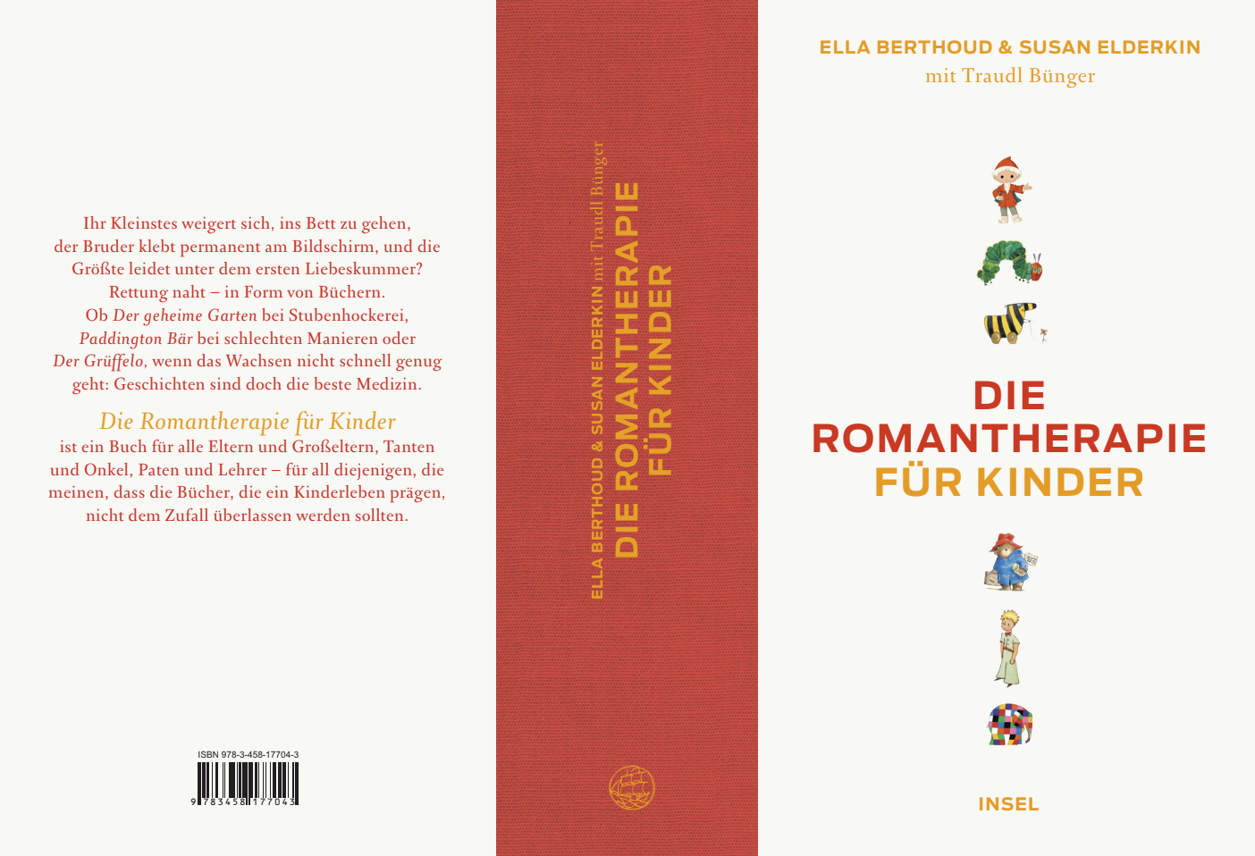 Front and back cover of a children's book titled 'Die Romantherapie für Kinder' with illustrations of children and colorful animals.