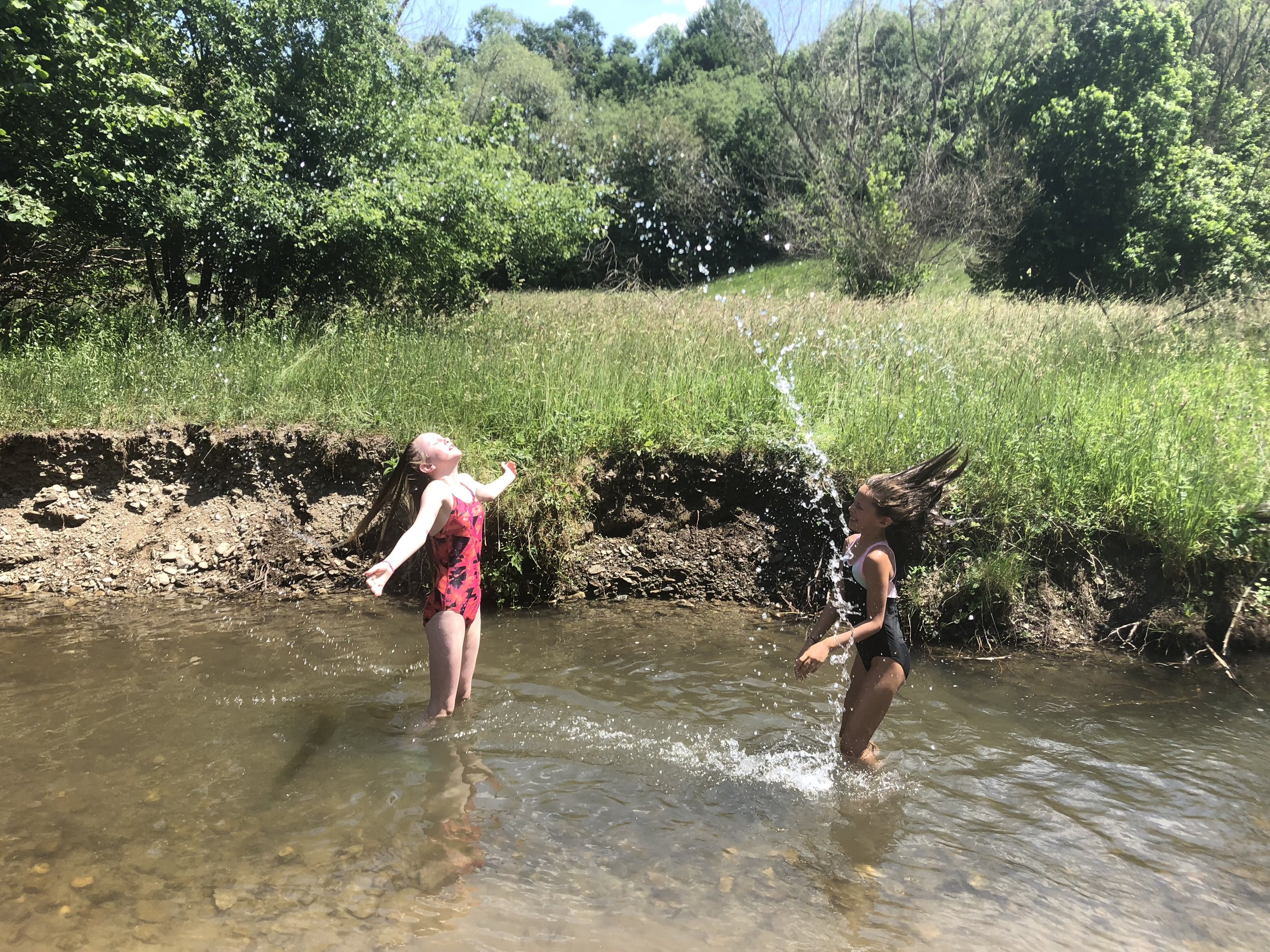 Two young girls playing and splashing water in a shallow creek on a sunny day with green trees and grass in the background.