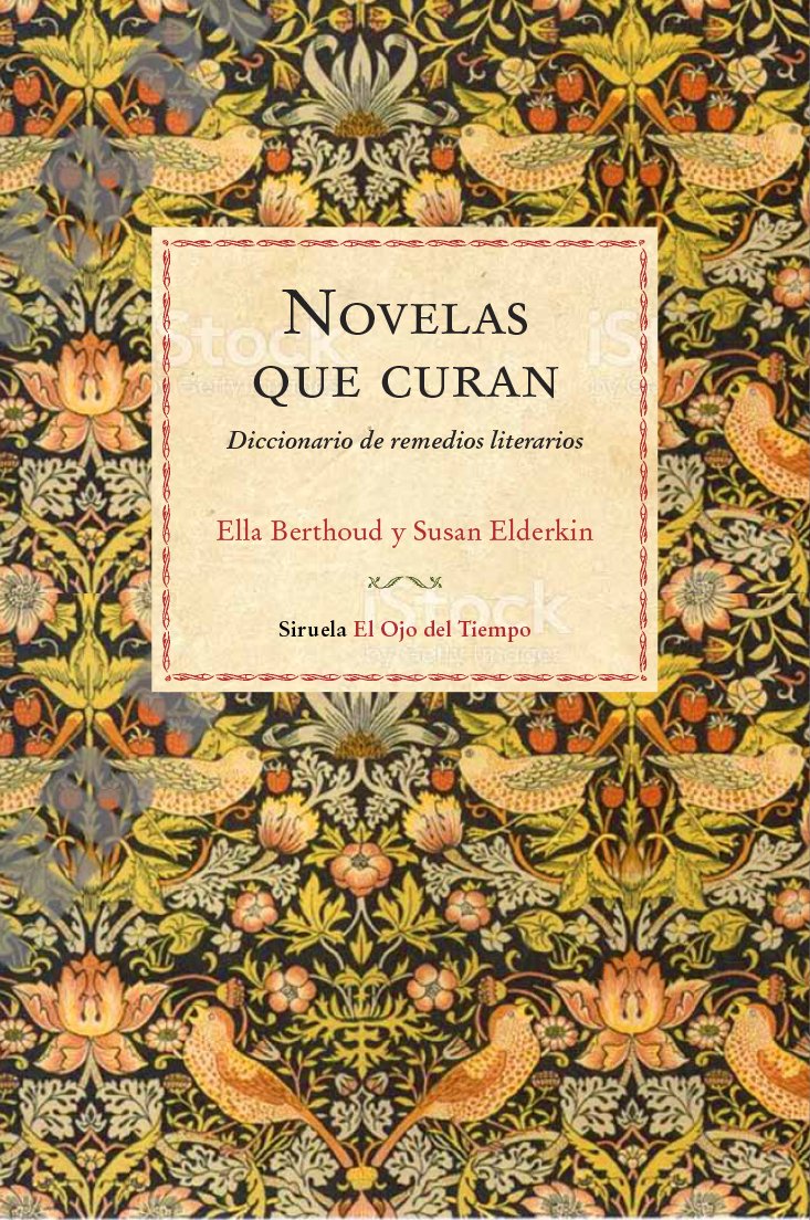 Cover of a book titled 'Novelas que curan', surrounded by a colorful floral and bird-inspired pattern with symmetrical design, featuring yellow birds, orange flowers, and green leaves on a black background.