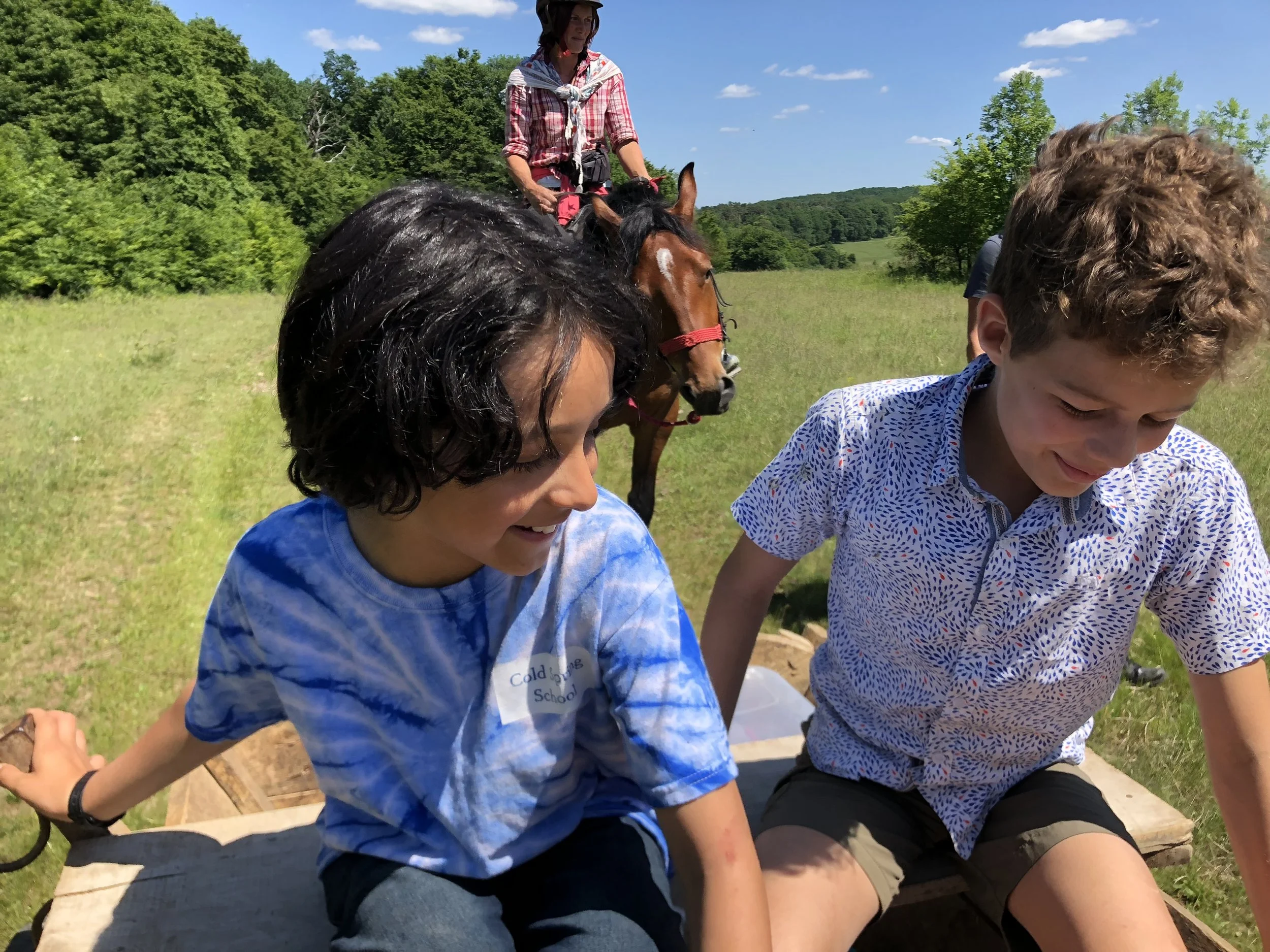 Two children sitting on a wooden bench outdoors in a grassy field, with a woman riding a horse in the background and trees under a blue sky.