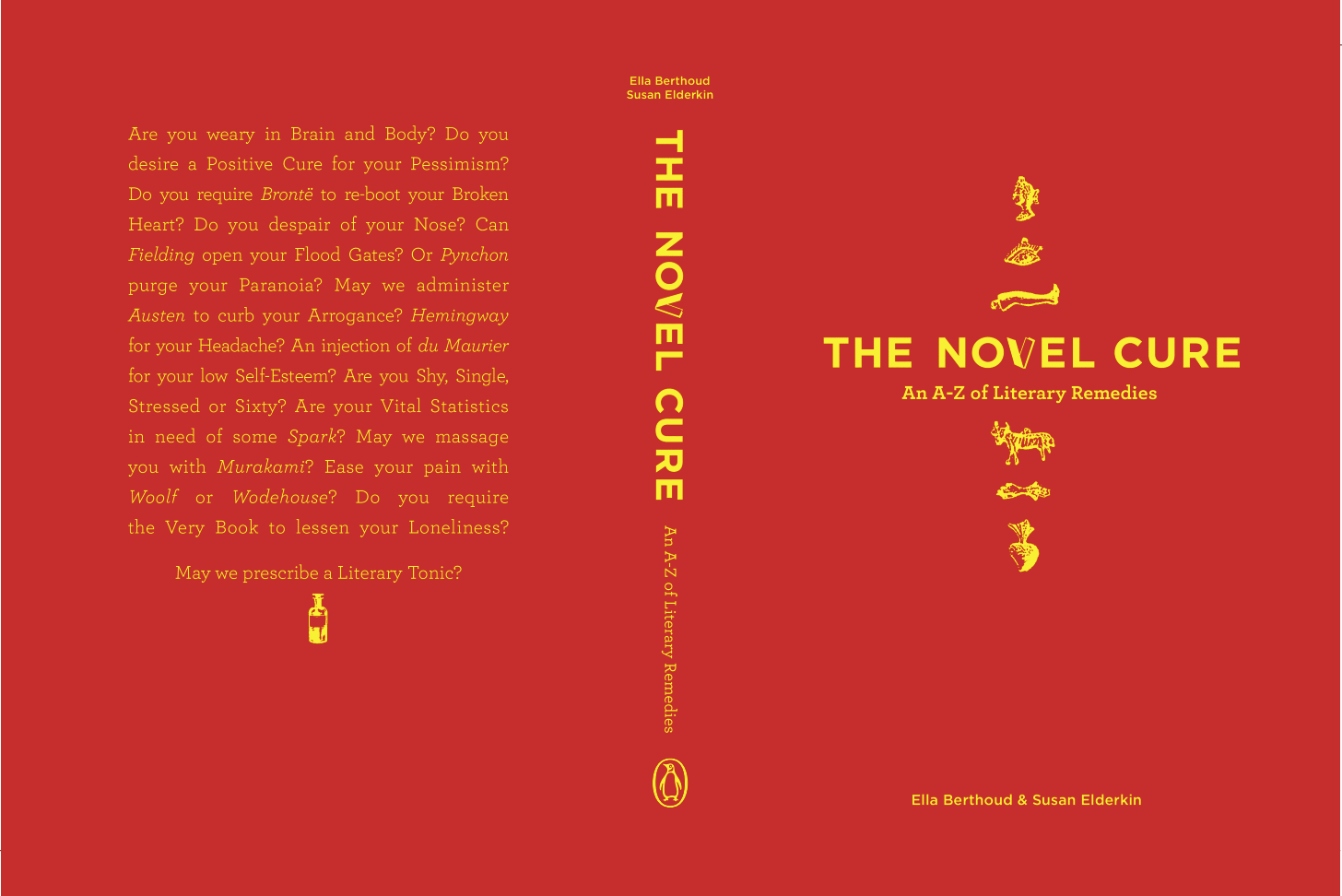 Book cover titled 'The Novel Cure: An A-Z of Literary Remedies' by Ella Berthoud and Susan Elderkin. The cover is red with yellow text and illustrations of various objects, including a bottle, a tiger, a shell, a bone, a fish, and a heart.