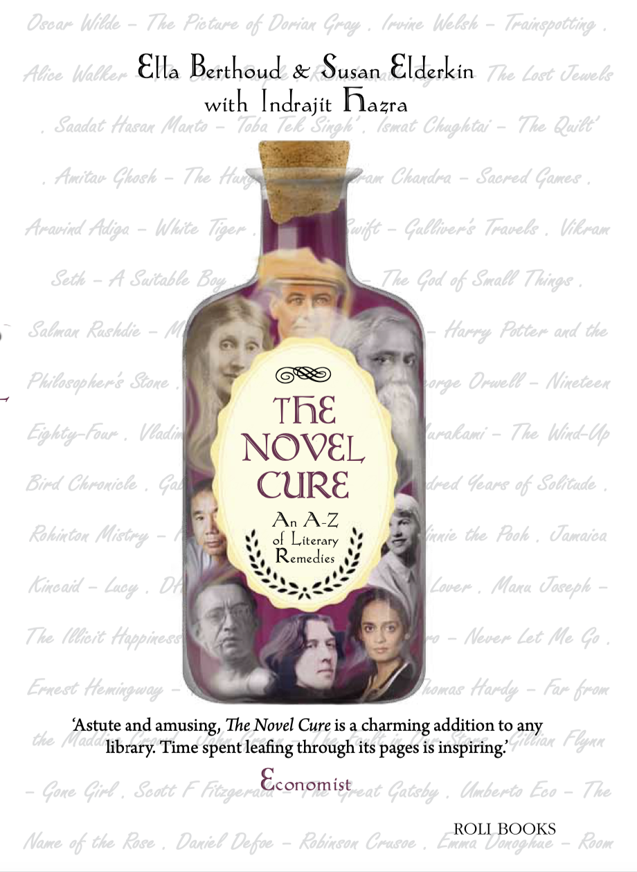 Book cover titled "The Novel Cure: An A-Z of Literary Remedies" featuring a collage of authors' portraits inside a purple potion bottle with a cork stopper.