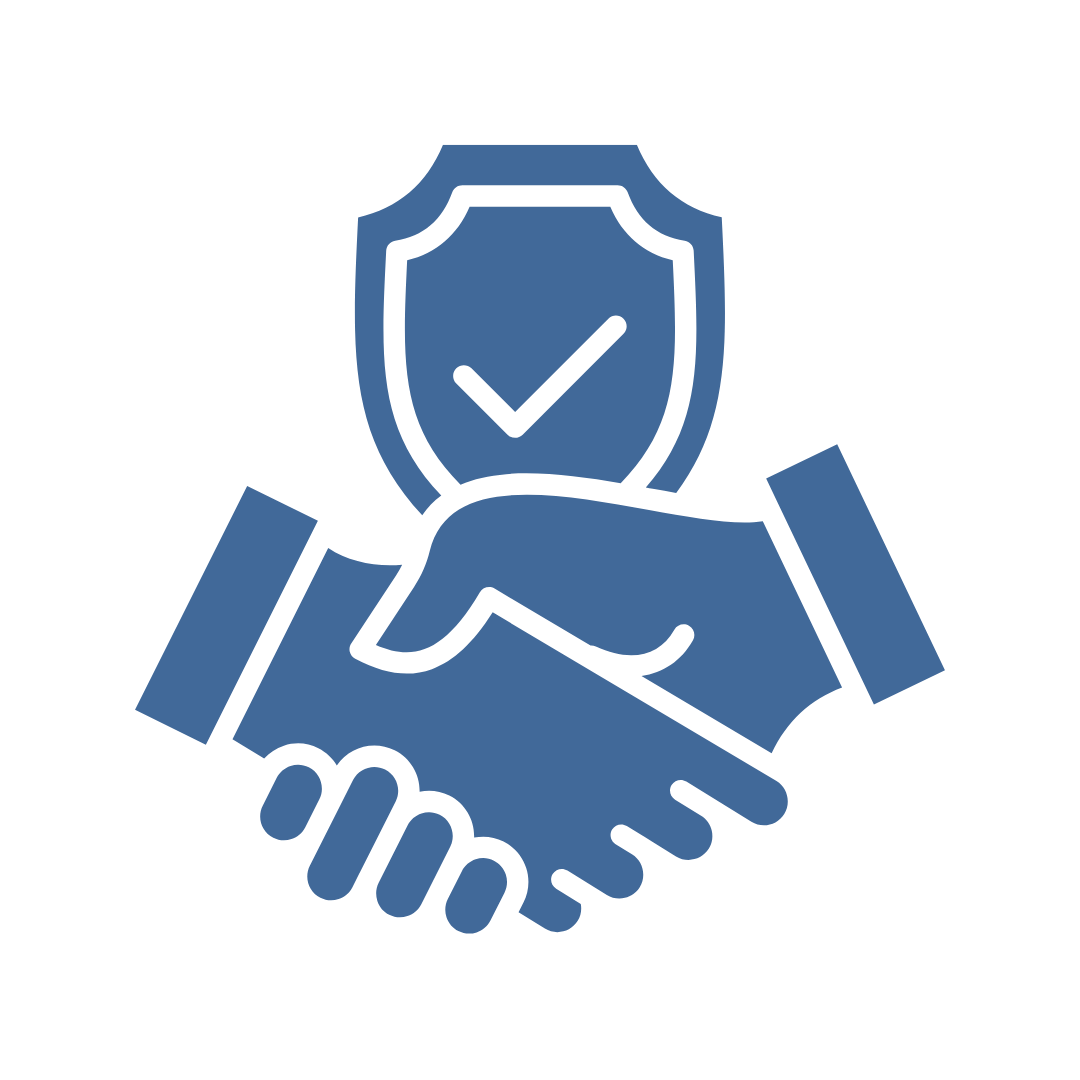 Handshake with shield and checkmark symbolizing security or trust.