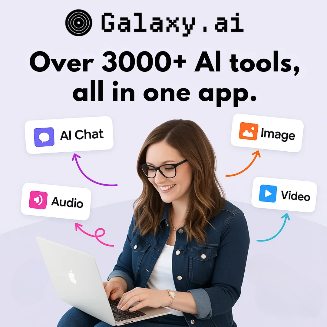 Promotional graphic for Galaxy.ai showcasing over 3000 AI tools in an app, with icons for AI chat, audio, image, video, and a smiling woman using a laptop.