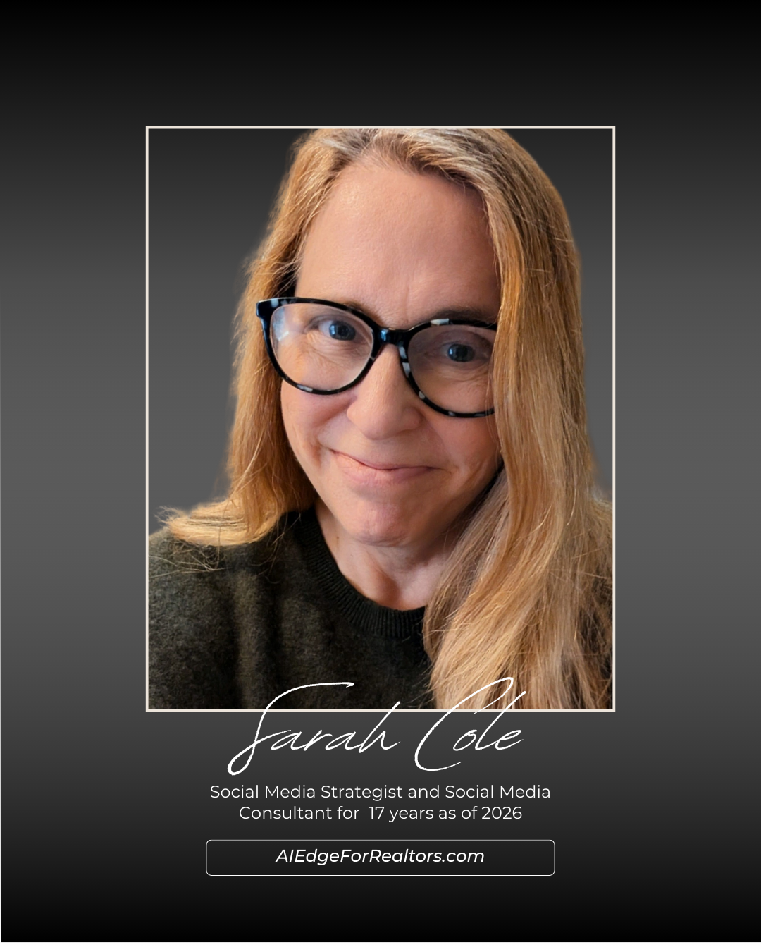Professional portrait of Sarah Cole, a social media strategist and consultant, with glasses and long strawberry blonde hair, against a black and gray background, with her name and credentials displayed.