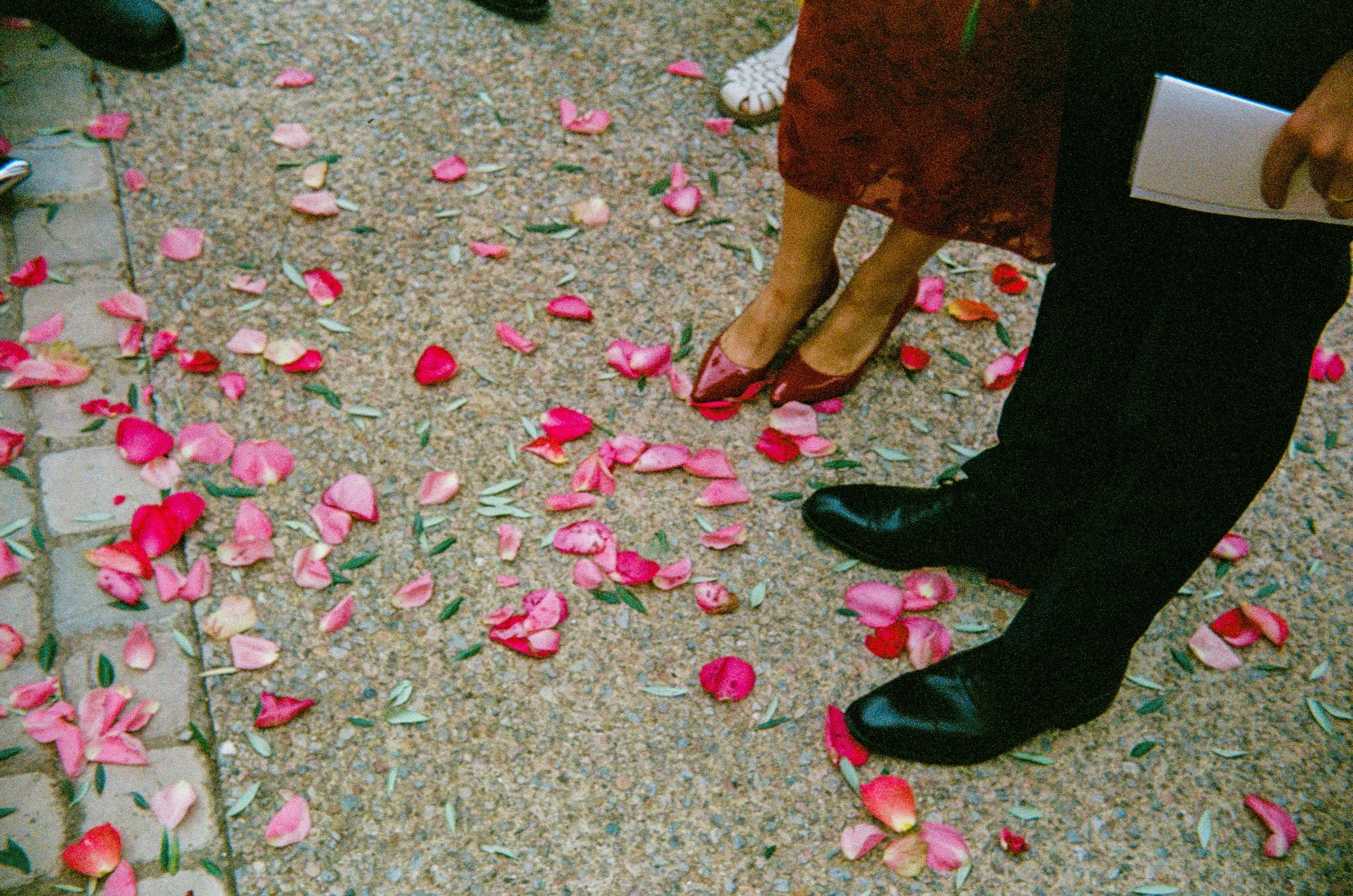 Vue de deux personnes venant d'arriver à un mariage, regardant le sol couvert de pétales de rose, avec les jambes et chaussures visibles.