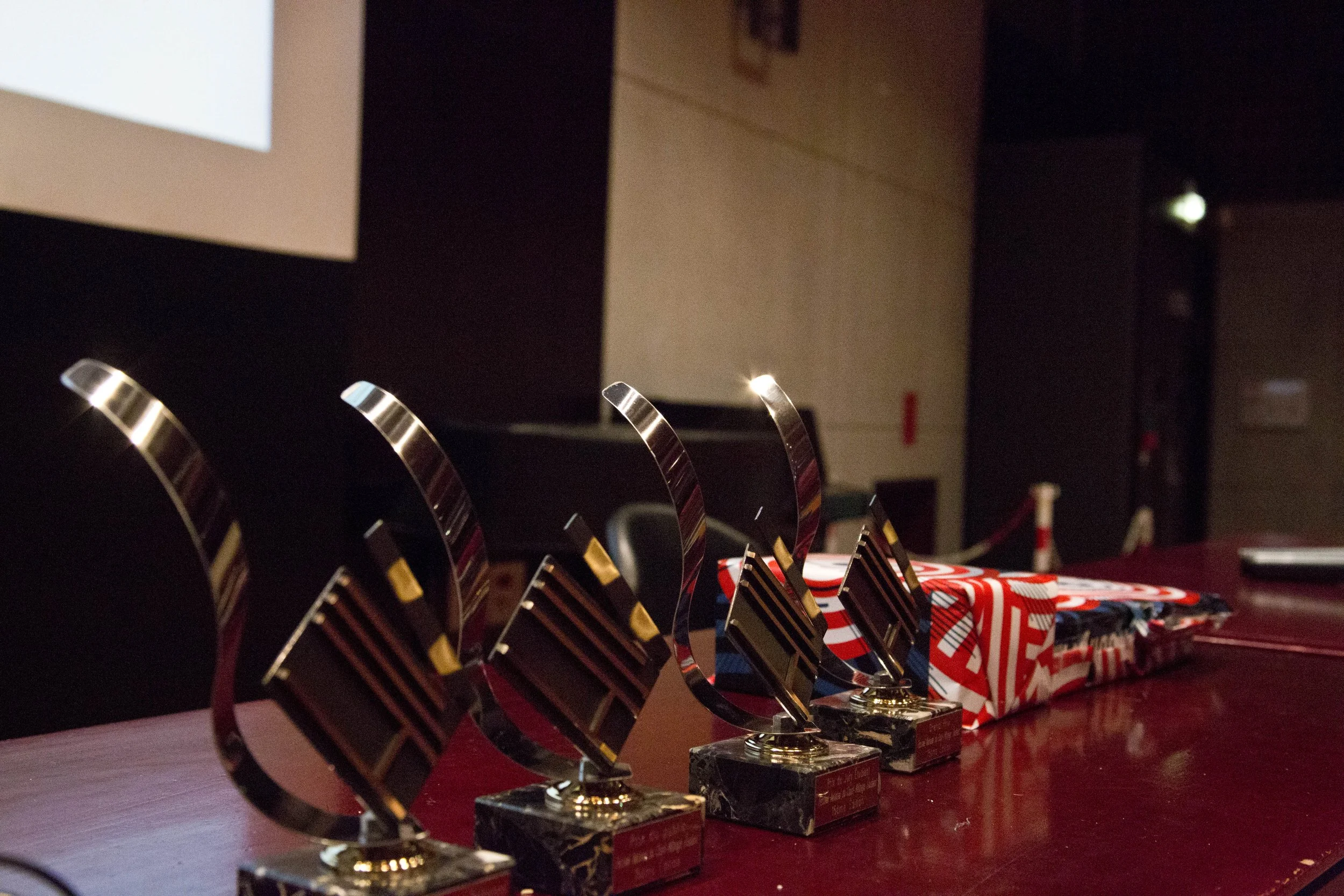 Trophées en forme de plaque, en métal brillant, alignés sur une table en bois, avec un paquet cadeau distinct en arrière-plan.