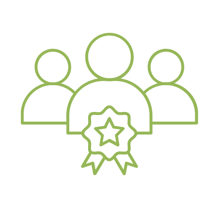 Outline of three people with a badge and star in the foreground, representing recognition or achievement. Icon for a world-class team