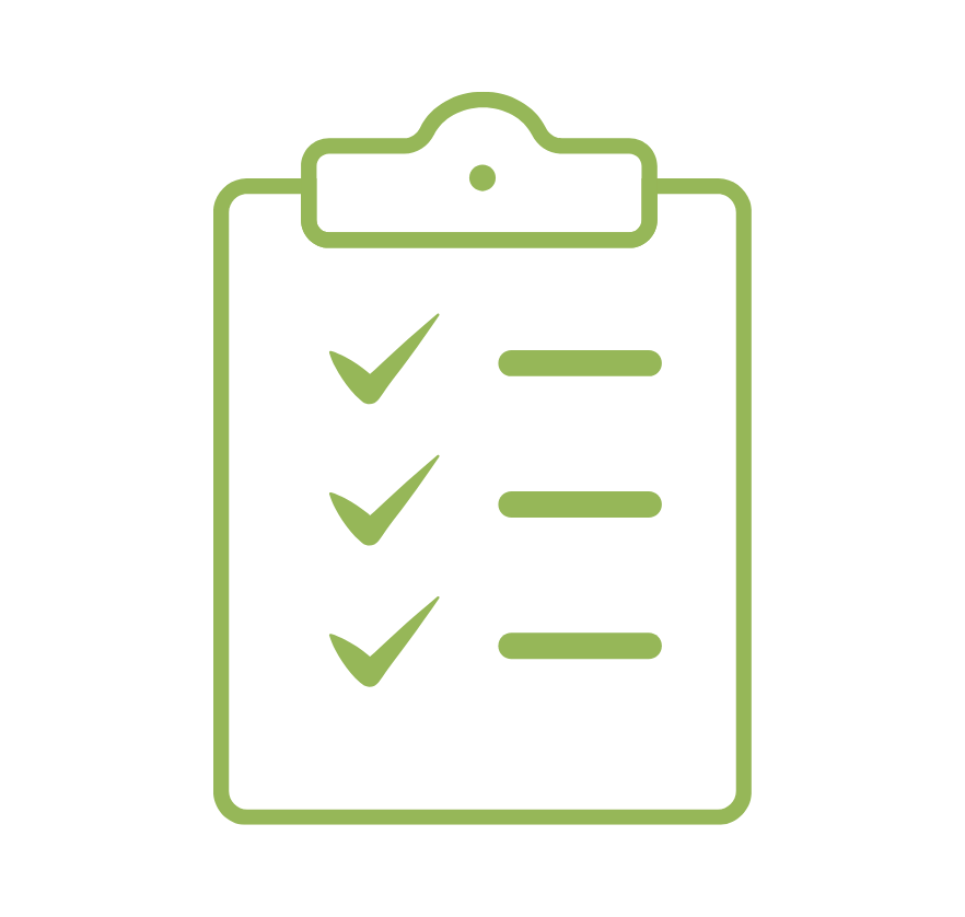 A green outline of a clipboard with three checkmarks next to three lines of text. Icon for relevant and regional expertise