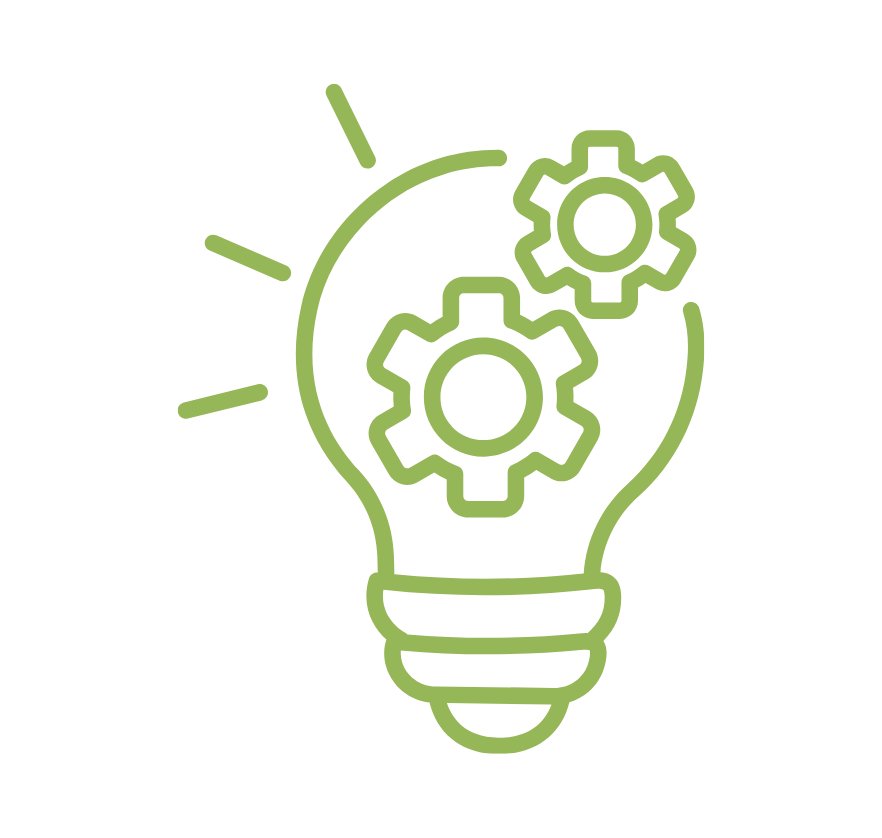 Green outline of a lightbulb with gears inside, symbolizing innovation or ideas.