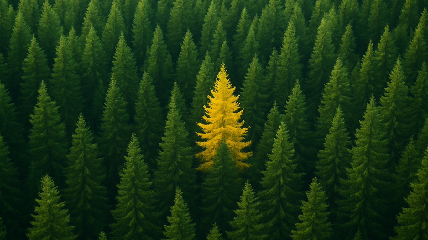 yellow pine among a forest of green pines