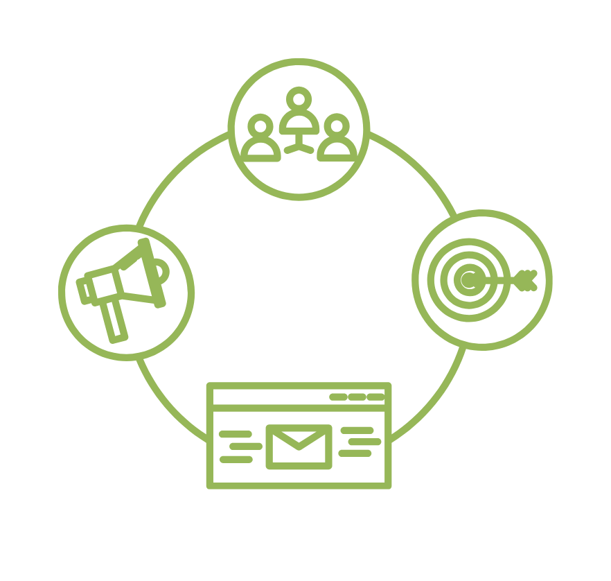 A digital illustration of a marketing or communication strategy cycle, featuring icons of a group of people, a target with an arrow, an email webpage, and a megaphone connected in a circular flow. Icon for greater candidate reach