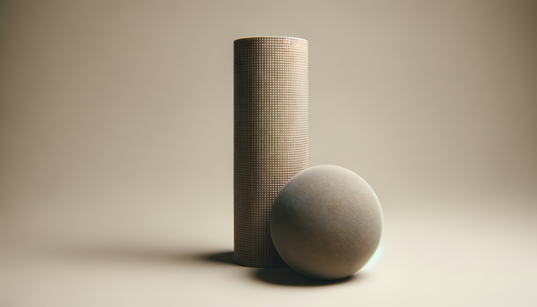 Una pelota y un cilindro con patrones texturizados en tonos neutros sobre un fondo claro.
