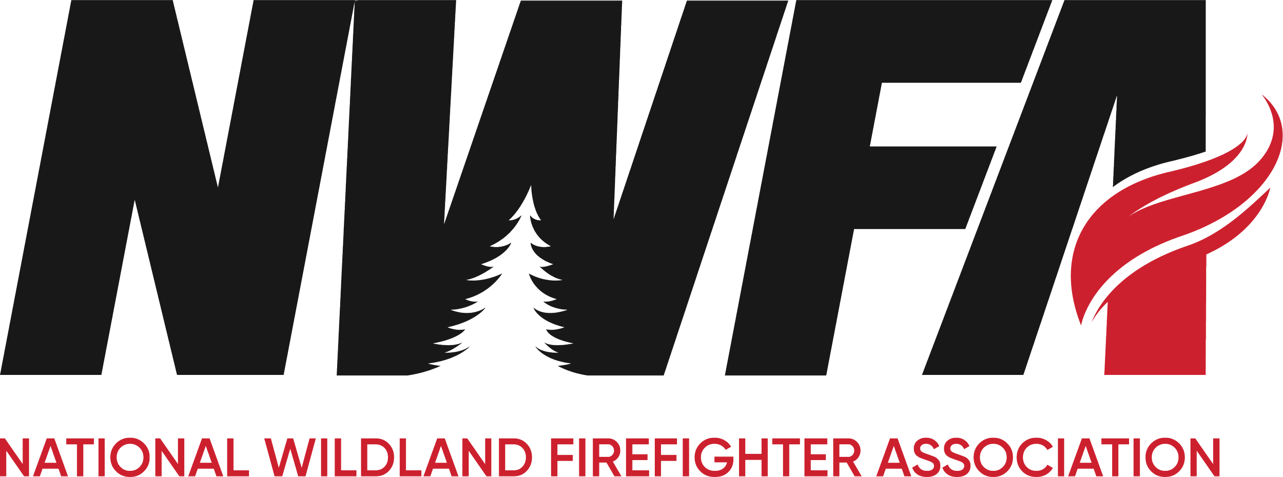 Logo of the National Wildland Firefighter Association with bold black letters, a silhouette of a pine tree, and a red flame, along with the organization's name in red text.