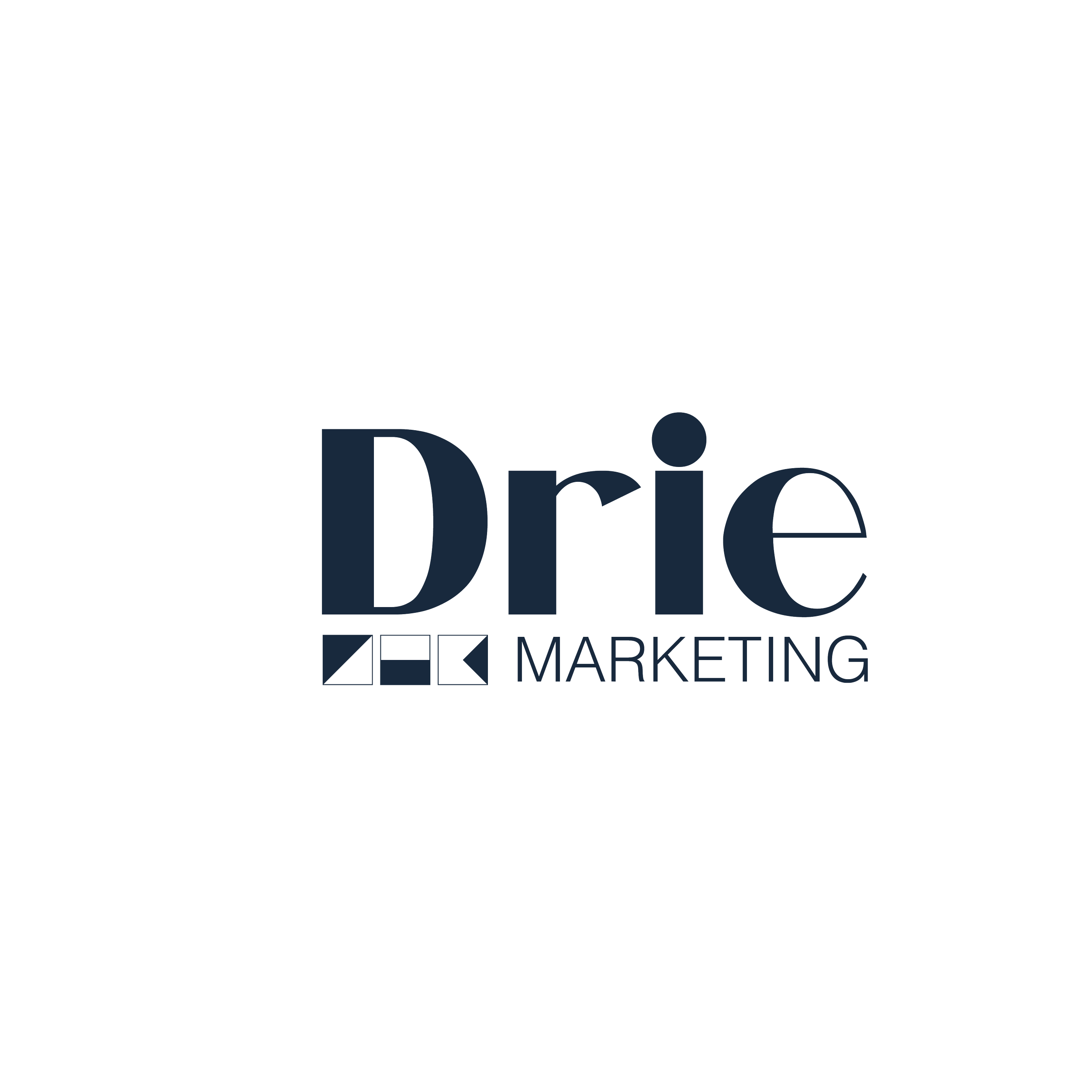 Driemarkereting logo with stylized shapes and company name in dark blue.