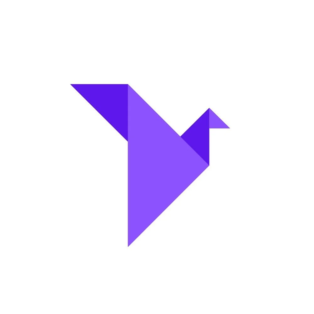 A purple origami paper bird on a white background.