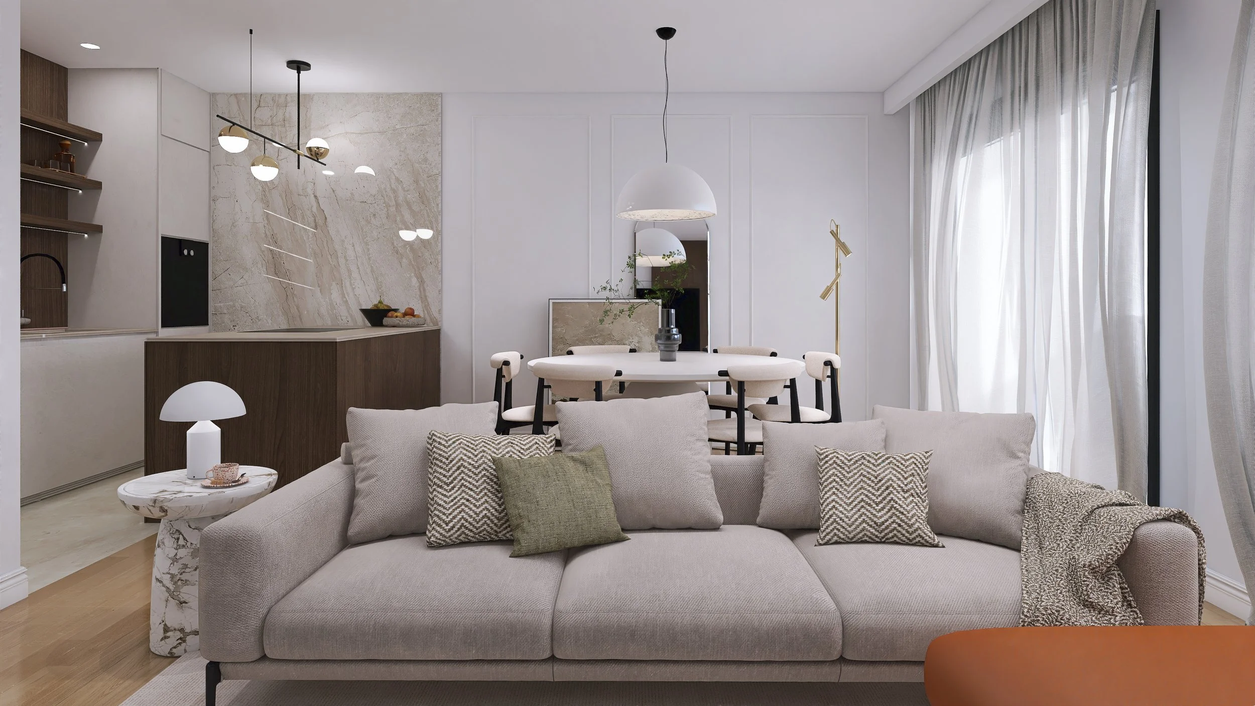 CLAE Signature Interiors – moderan dnevni boravak oblikovan prirodnim materijalima i bezvremenskim detaljima.
