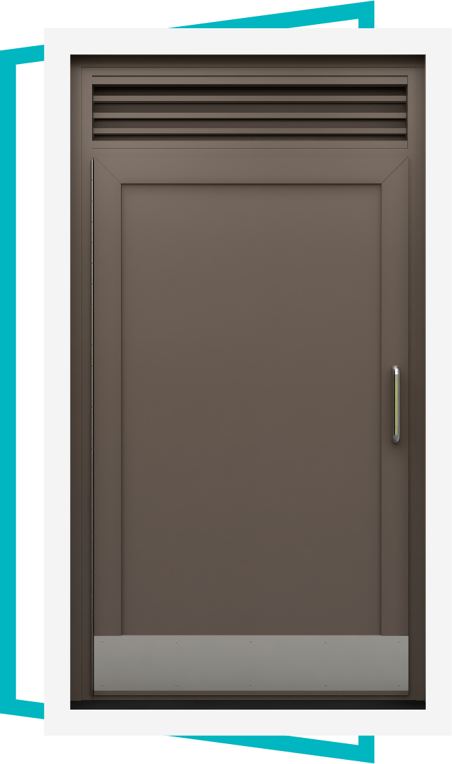 A brown commercial metal door with a handle on the right side, and ventilation slats at the top.