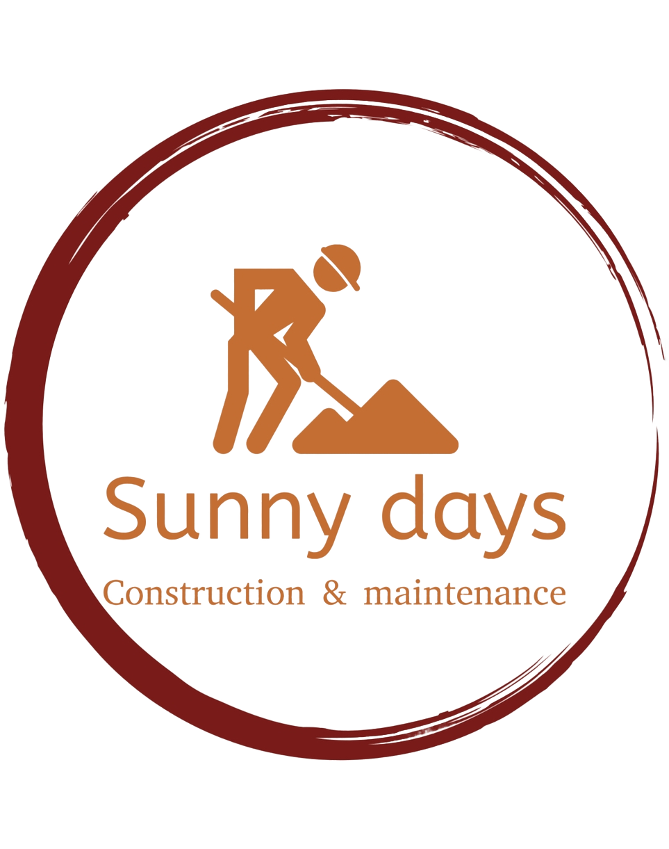 Logo for Sunny Days Construction & Maintenance featuring a person with a hard hat digging with a shovel, surrounded by a circular brushstroke design.