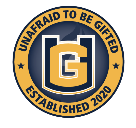 A circular badge with a navy blue background and a gold border. The text reads "Unafraid to Be Gifted" at the top and "Established 2020" at the bottom, surrounding a large stylized letter G in gold and white in the center.