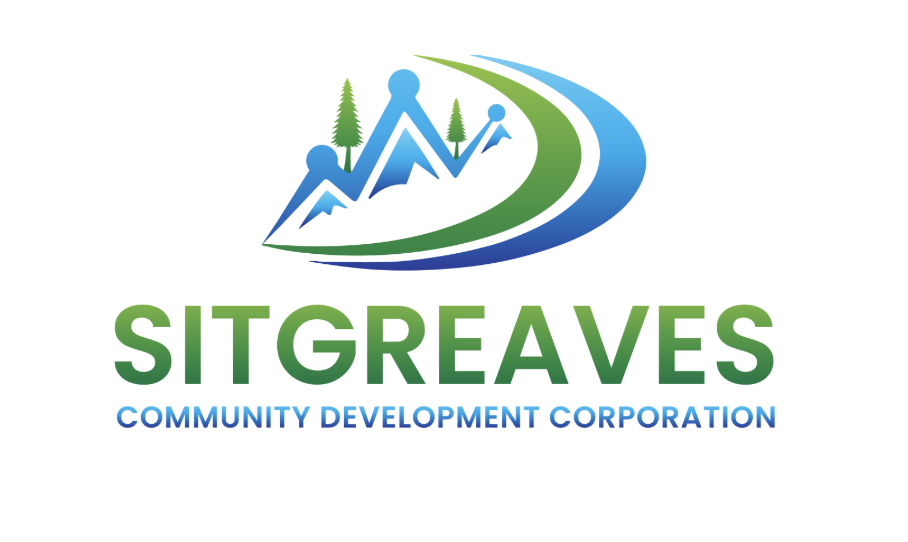 Logo for SITGREAVES Community Development Corporation featuring stylized mountains, pine trees, and curved green and blue lines.