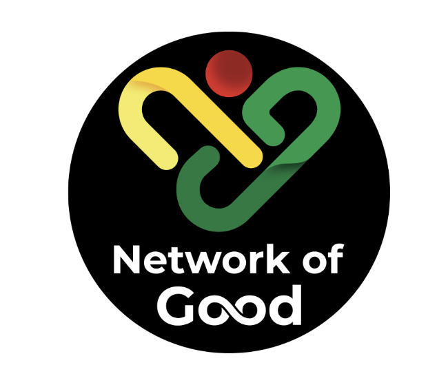 Logo with interconnected yellow and green chain links, a red dot above, and the text 'Network of Good' below.
