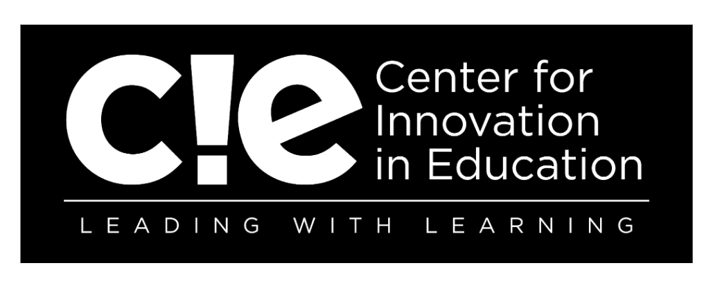 Logo for the Center for Innovation in Education with the tagline "Leading with Learning" in white text on a black background.